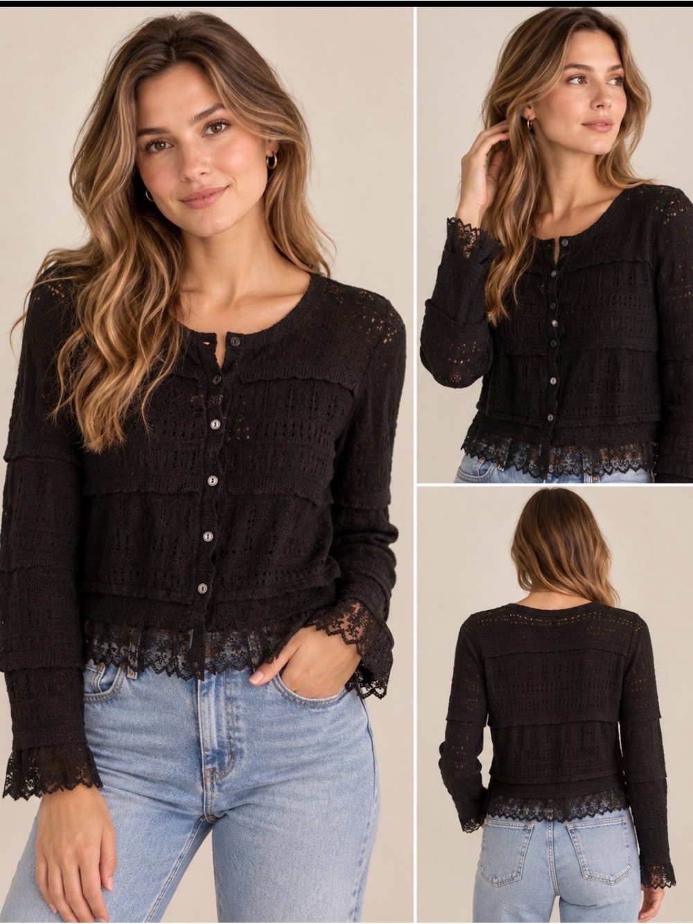 Caroline Constas Black Pointelle Lace Trim Cardigan Sweater M NWT